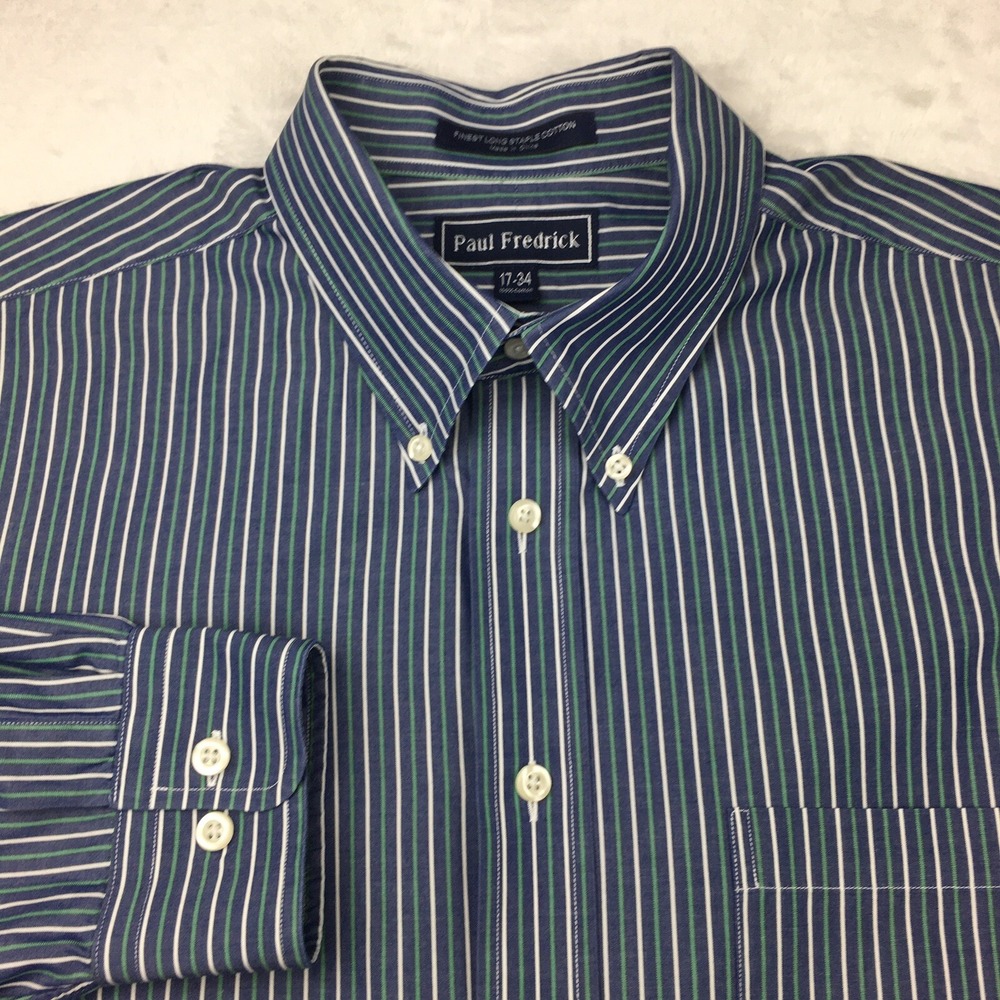 Paul Fredrick Dress Shirt Mens 17-34 Blue w/Green &‎ White Stripes Long Sleeves